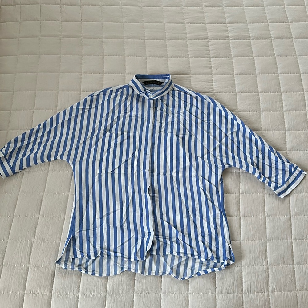Zara Basic Shirt Button Down Relaxed Fit Blue White Striped 3/4 Sleeve